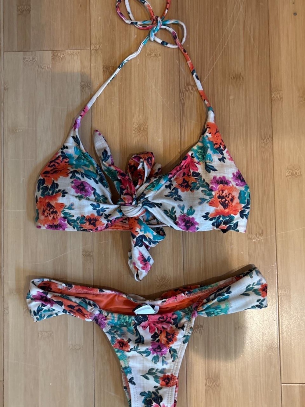 Floral Tie-Front Bikini Set in White with Orange & Teal Floral Print
